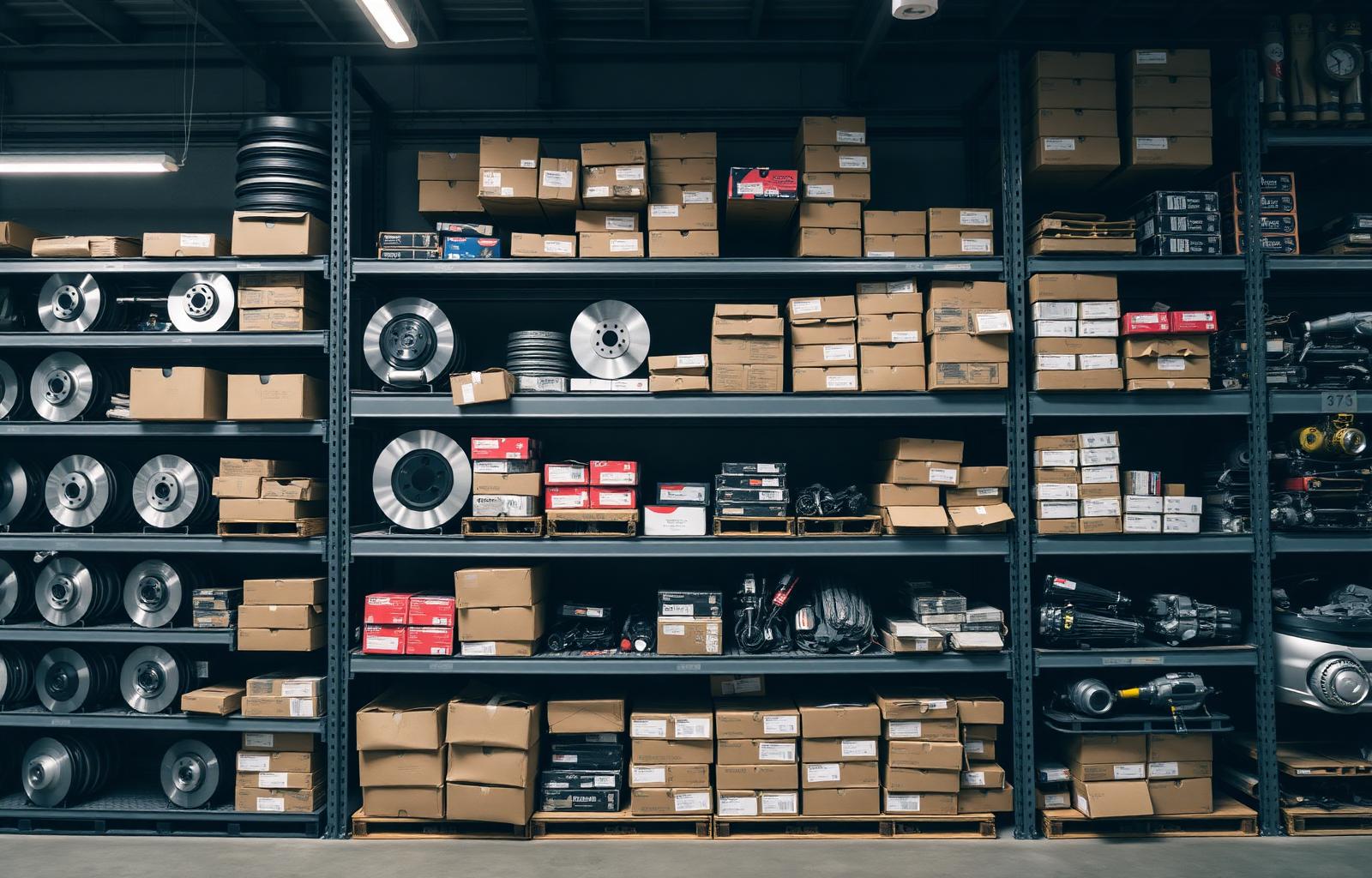 Organised auto spare parts warehouse shelves